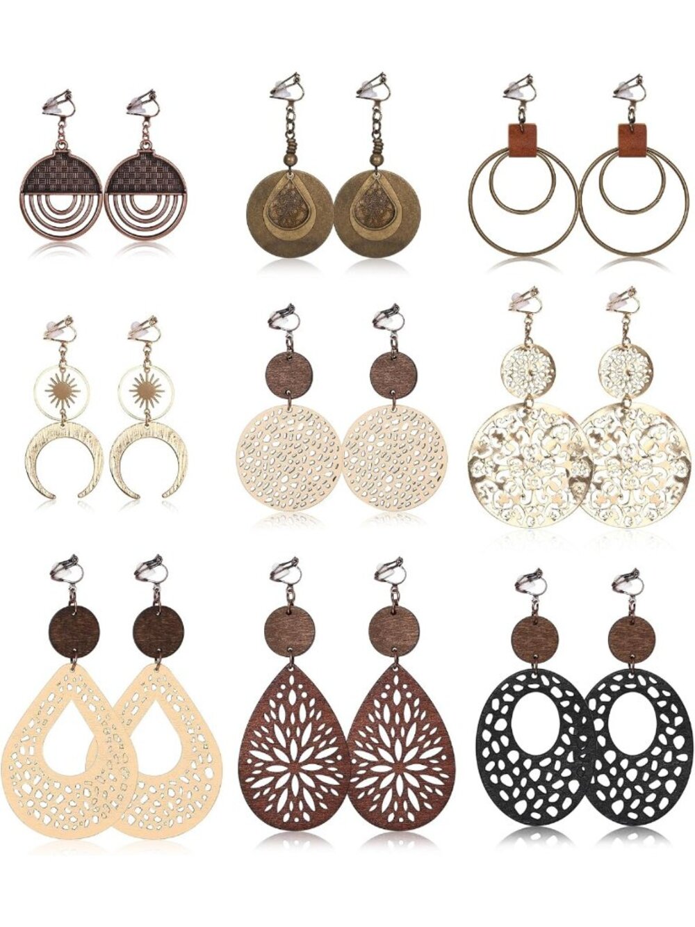 Trendy Bohemian Clip-On Dangle Earrings Set for Women - Stylish & Unique Jewelry